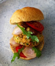 Coley burger with shallot and cider mustard relish