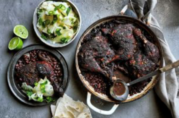 Colin's spicy jerk chicken and black bean bake with pineapple salad