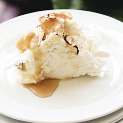 Collapsed Pavlova with poached peaches and mascarpone