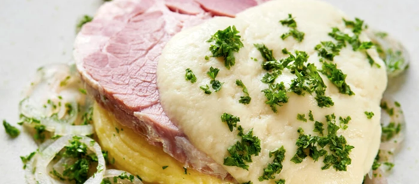 Collar of pork, mash and Soubise sauce