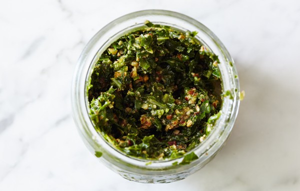 Collard and pecan pesto
