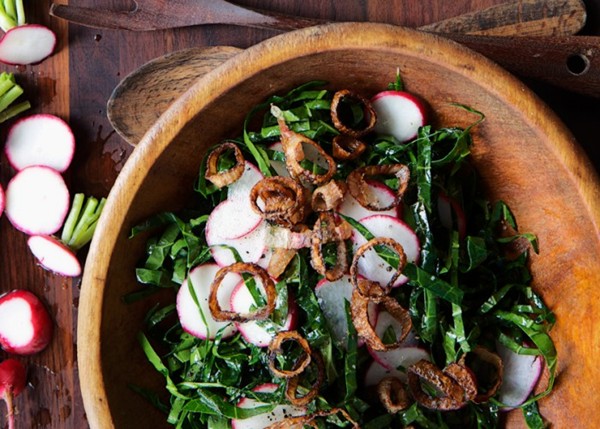 Collard green and radish slaw with crispy shallots