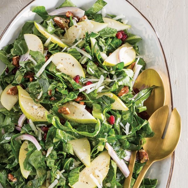 Collard green, pear, and pecan salad