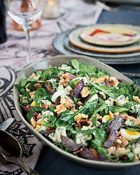 Collard greens, blue potato and bacon salad