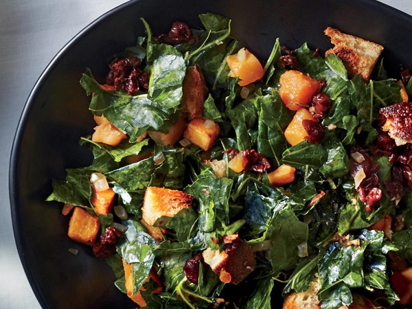 Collard greens panzanella with hot sauce vinaigrette 