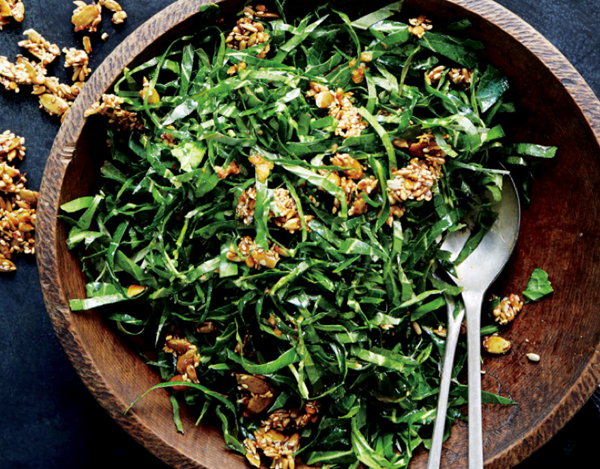 Collard greens salad with ginger and spicy seed brittle