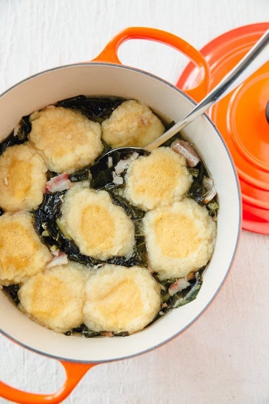 Collard greens with pot likker and dumplings