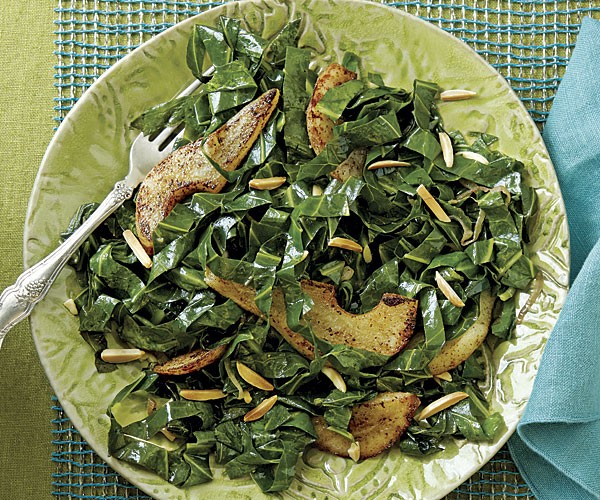 Collard greens with spiced pears and almonds