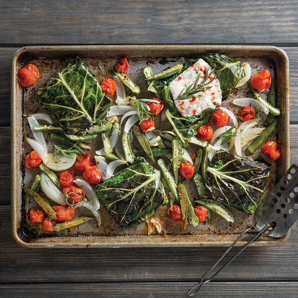 Collard-wrapped snapper with roasted tomatoes and okra
