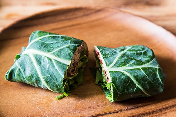 Collard wraps with herbed cashew spread and roast peppers
