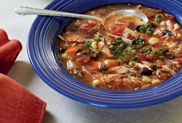 Colorado chicken soup with black beans, corn & pepitas