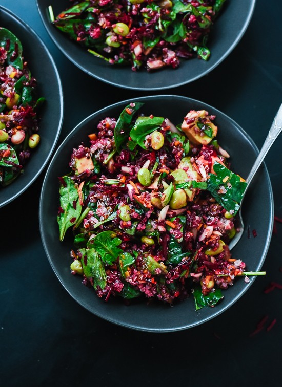 Colorful beet salad with carrot, quinoa & spinach