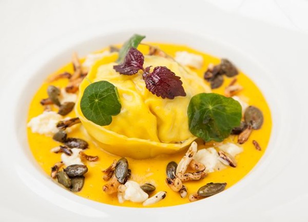 Colwick cheese tortellini with pumpkin velouté