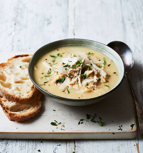 Comforting brown rice and chicken soup