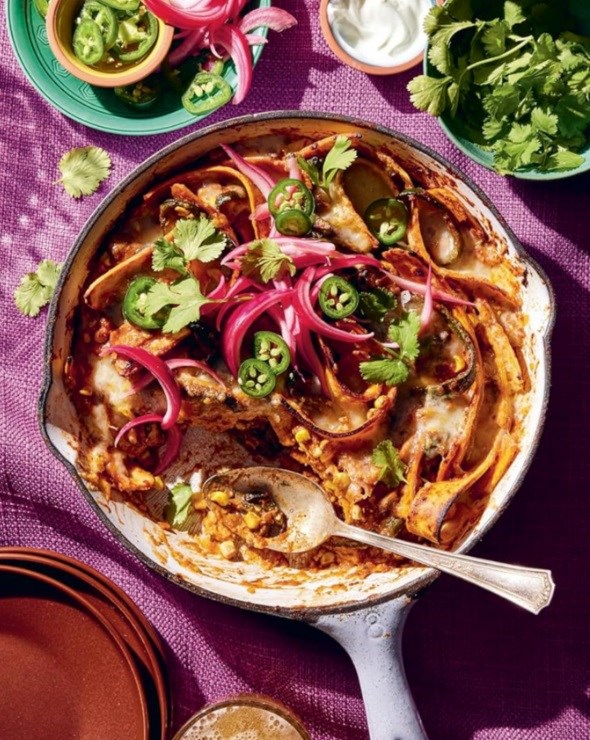 Comforting portobello, poblano & pepper Jack cheese enchilada skillet