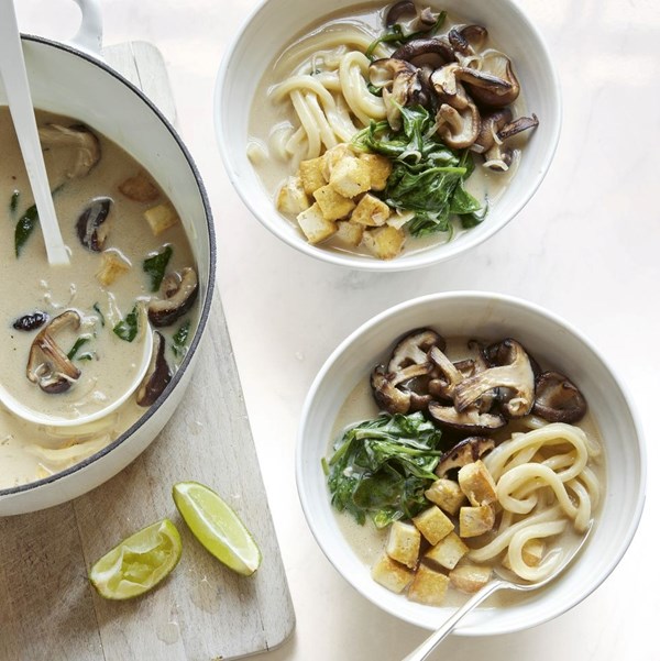 Comforting udon noodle bowls with mushroom and coconut