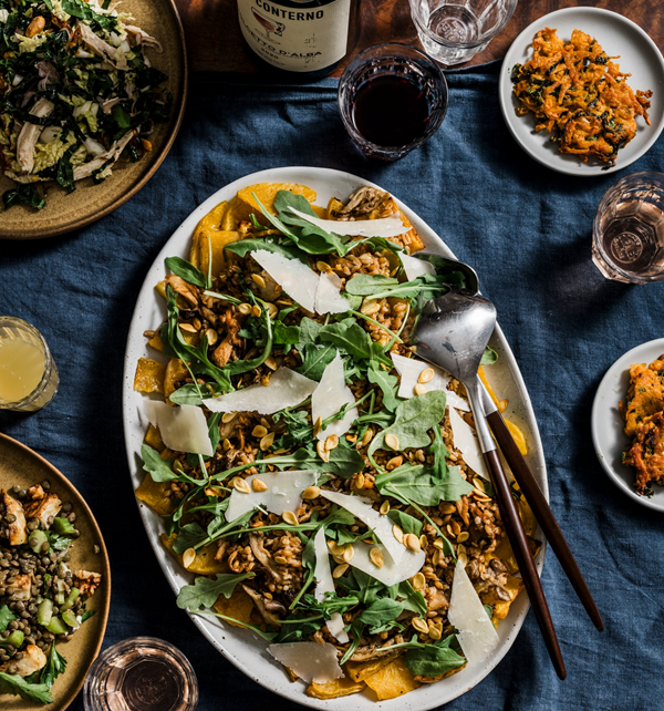 Composed farro salad with butternut squash, mushrooms & arugula
