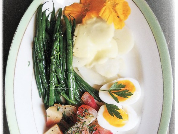 Composed summer salad with lemony aioli