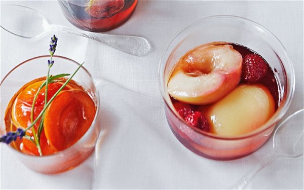 Compote of white nectarines and raspberries in rosé wine
