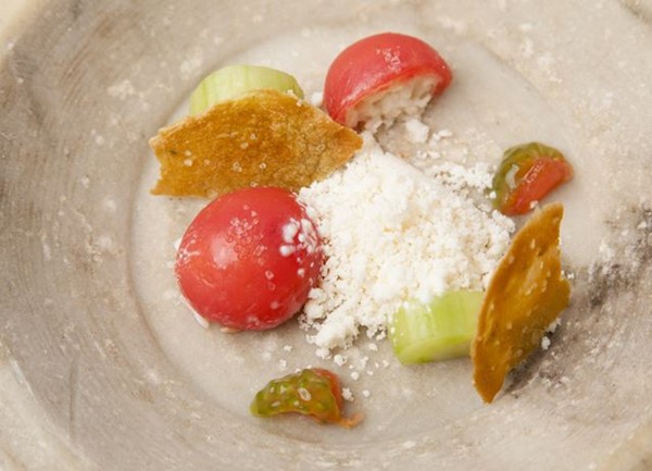 Compressed tomato with crab, horseradish granita and crab tuile 