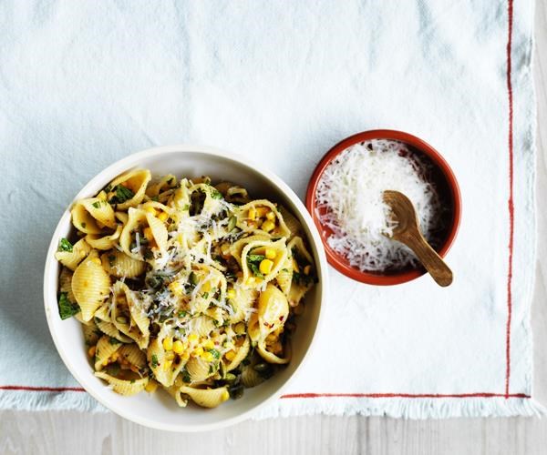 Conchiglie rigate with corn, anchovy & mint