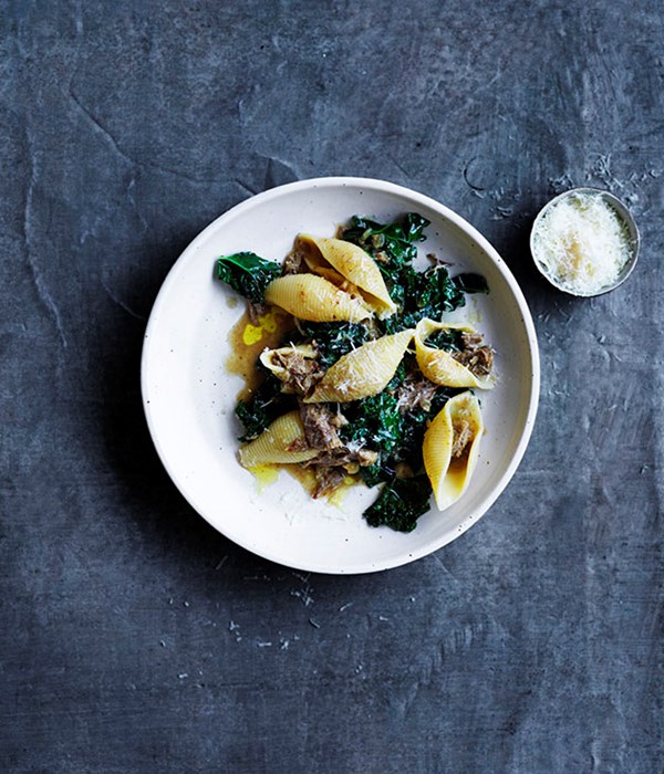 Conchiglione with ragù bianco, anchovies and wilted kale