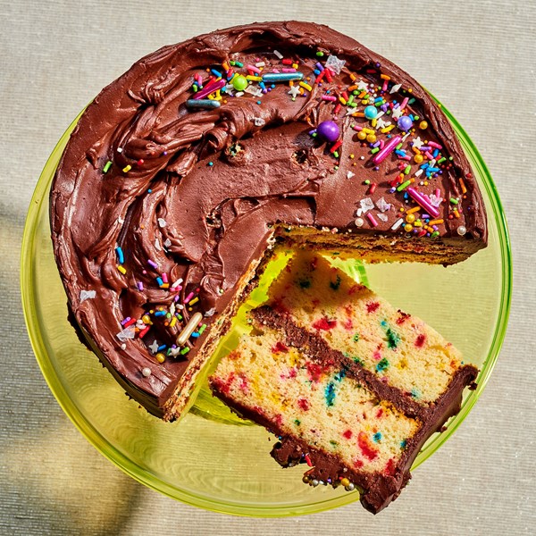 Confetti cake with chocolate frosting