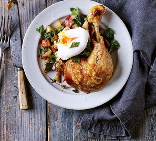 Confit chicken legs with potato hash & poached egg