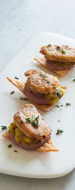 Confit chicken wingettes, chicken parfait and apple chutney with fried tortilla