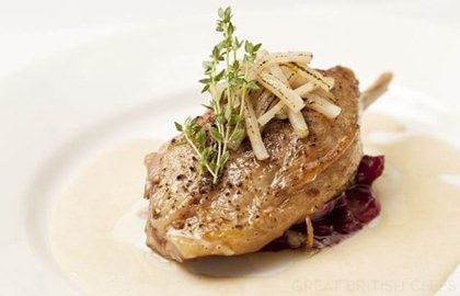 Confit duck leg, braised red cabbage, green peppercorn sauce, caramelised apples