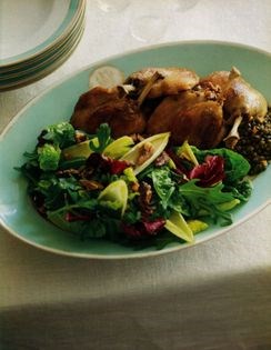 Confit duck leg salad with lentils & fried walnuts