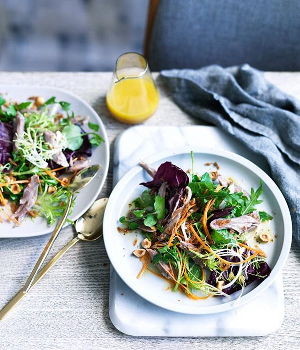 Confit duck salad with honey and hazelnut dressing