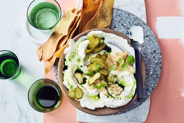Confit garlic and labneh with chickpea crackers