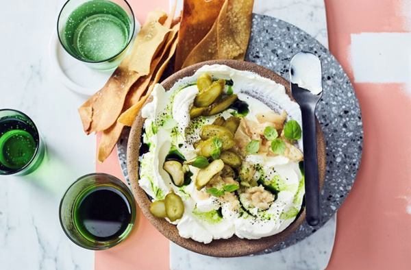 Confit garlic and labneh with chickpea crackers