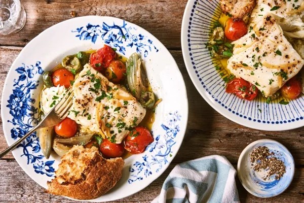 Confit halibut with tomatoes & preserved lemon