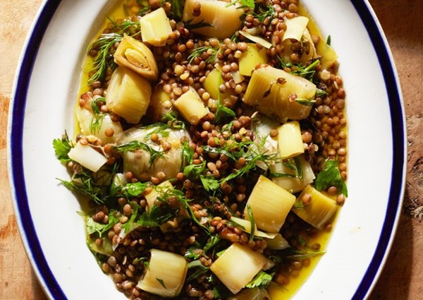 Confit leeks with Puy lentils and leek cream