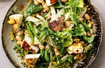 Confit lemon, bean & green veg salad with goat's cheese