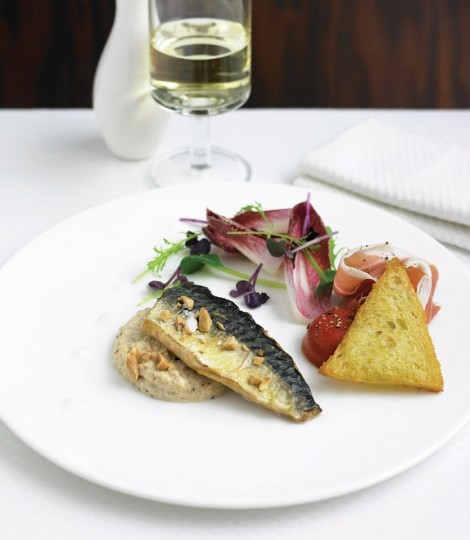 Confit mackerel fillet with serrano ham and gazpacho jelly