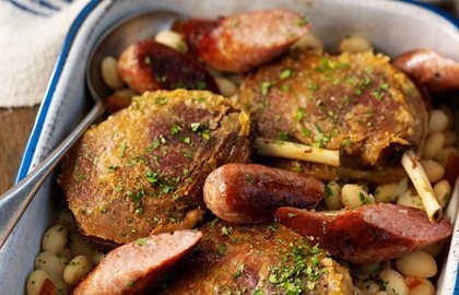 Confit of duck leg with a cassoulet of coco beans, pancetta and Toulouse sausage