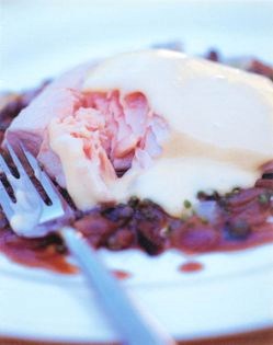 Confit of sea trout with caramelized shallots, lemon, olives and capers