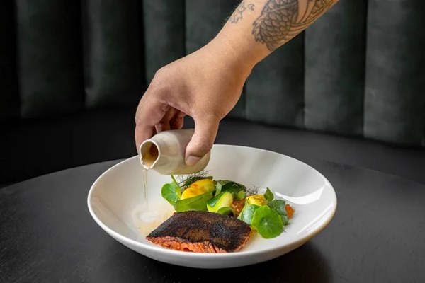 Confit of sockeye salmon, rhubarb sinigang consommé