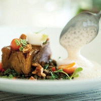 Confit pork shoulder with de Puy lentils, celeriac & apple/bacon broth