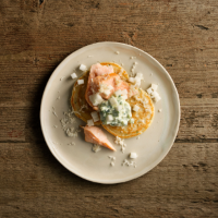 Confit salmon pancakes with pickled turnip and horseradish