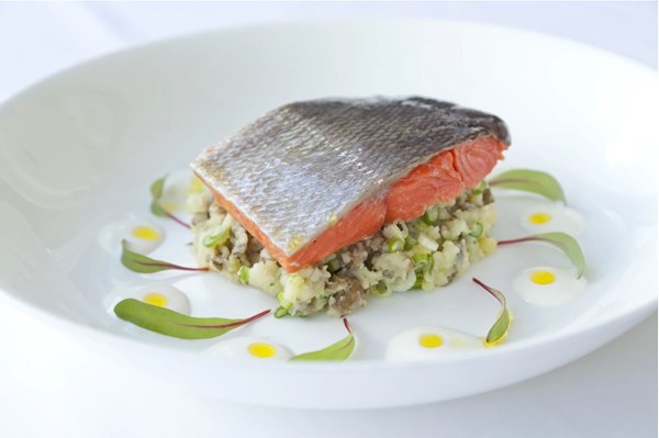 Confit salmon with crushed Jersey Royals & horseradish [Adam Gray]