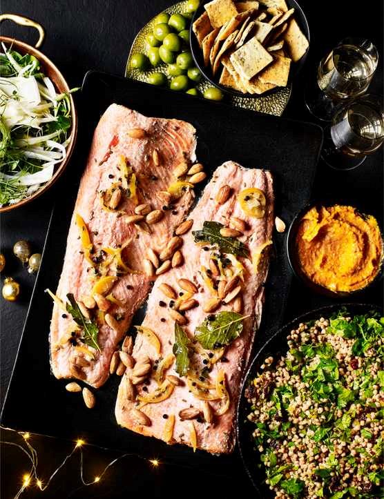 Confit salmon with golden romesco
