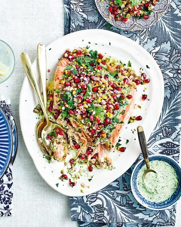Confit salmon with mint & coriander chutney and pomegranate & pistachio chaat