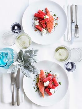 Confit salmon with watermelon, labne and sauce vierge