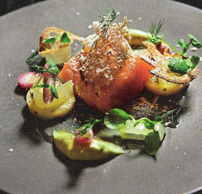 Confit smoked salmon and horseradish snow