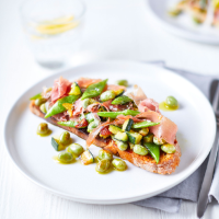 Confit spring bean, courgette and ham tartines