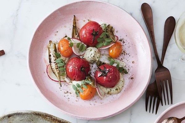 Confit tomato, goat's cheese, charred okra, radish [Roy Ner]